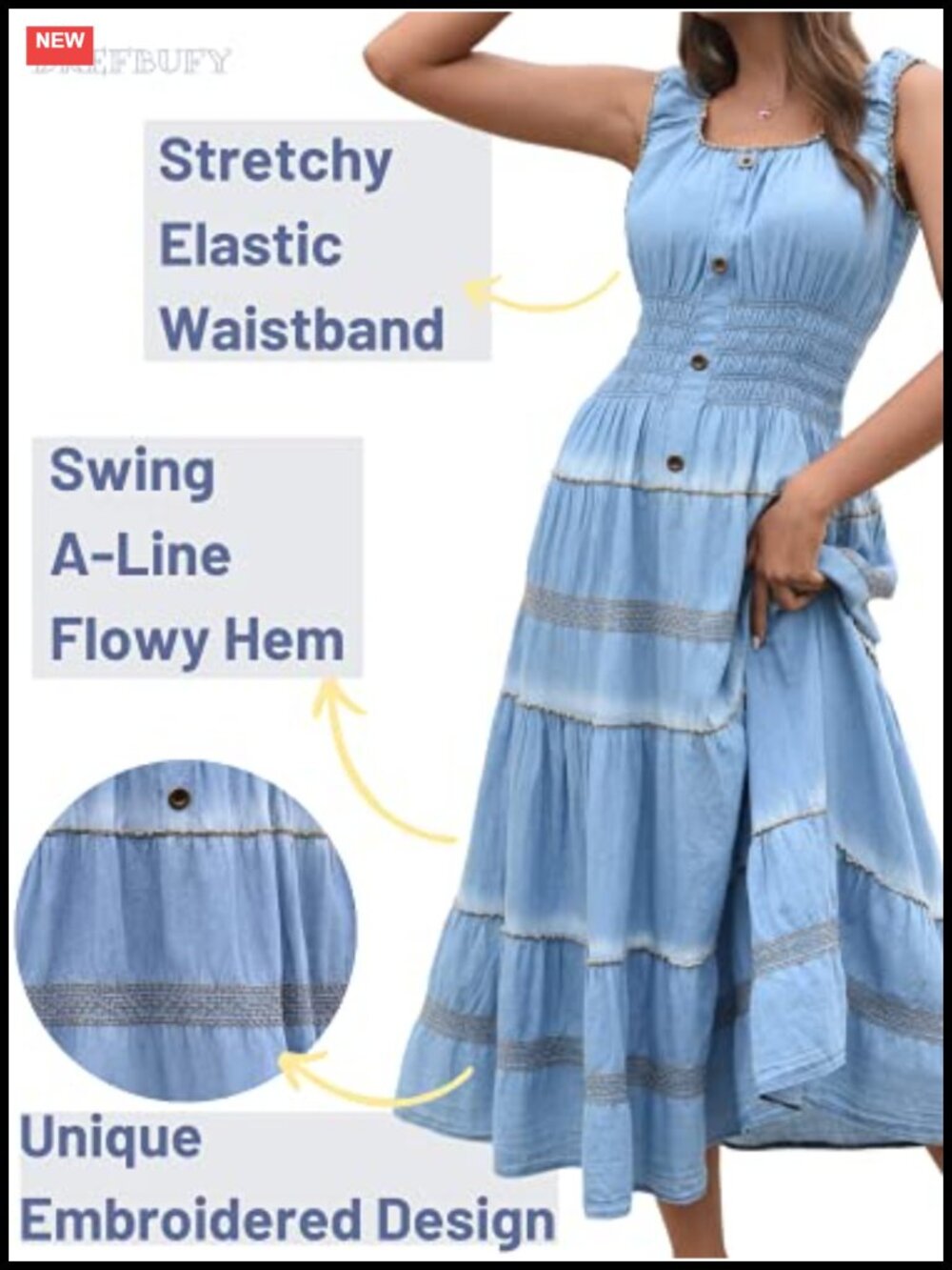 100% Cotton Denim Maxi Dress Sleeveless A-Line Embroidery Long Sundress - Picture 3 of 6